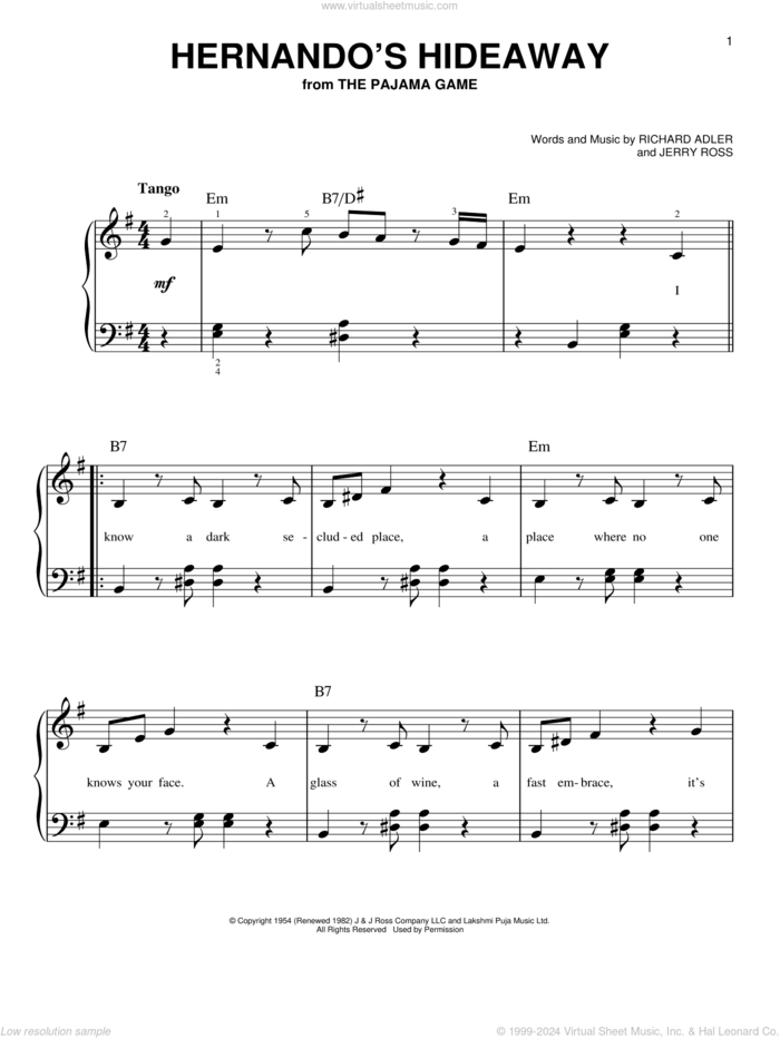 Hernando's Hideaway sheet music for piano solo by Richard Adler and Jerry Ross, beginner skill level