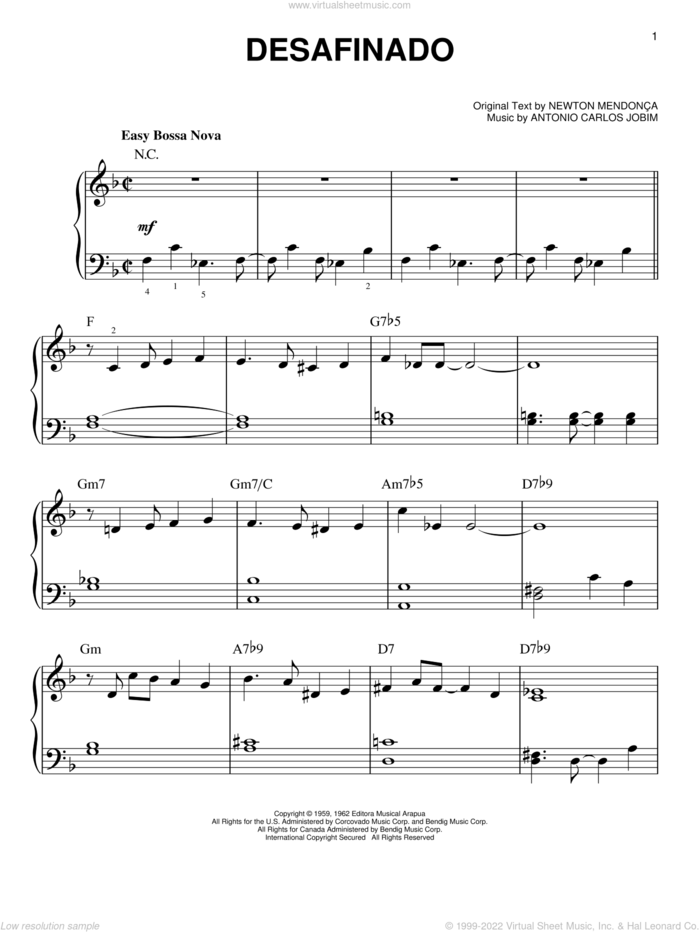 Desafinado, (beginner) sheet music for piano solo by Antonio Carlos Jobim and Newton Mendonca, beginner skill level