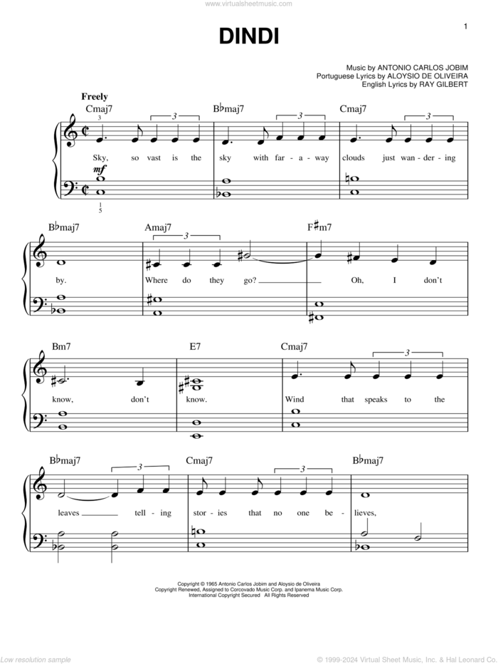 Dindi, (beginner) sheet music for piano solo by Antonio Carlos Jobim, Aloysio de Oliveira and Ray Gilbert, beginner skill level