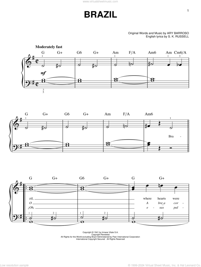 Brazil, (beginner) sheet music for piano solo by The Ritchie Family, Ary Barroso and S.K. Russell, beginner skill level