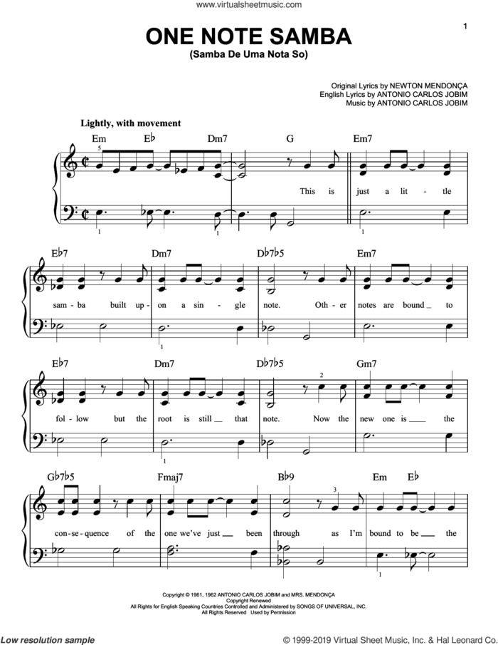 One Note Samba (Samba De Uma Nota So) sheet music for piano solo by Antonio Carlos Jobim and Newton Mendonca, beginner skill level