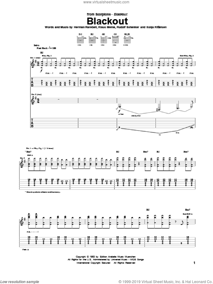 Blackout sheet music for guitar (tablature) by Scorpions, Herman Rarebell, Klaus Meine and Rudolf Schenker, intermediate skill level