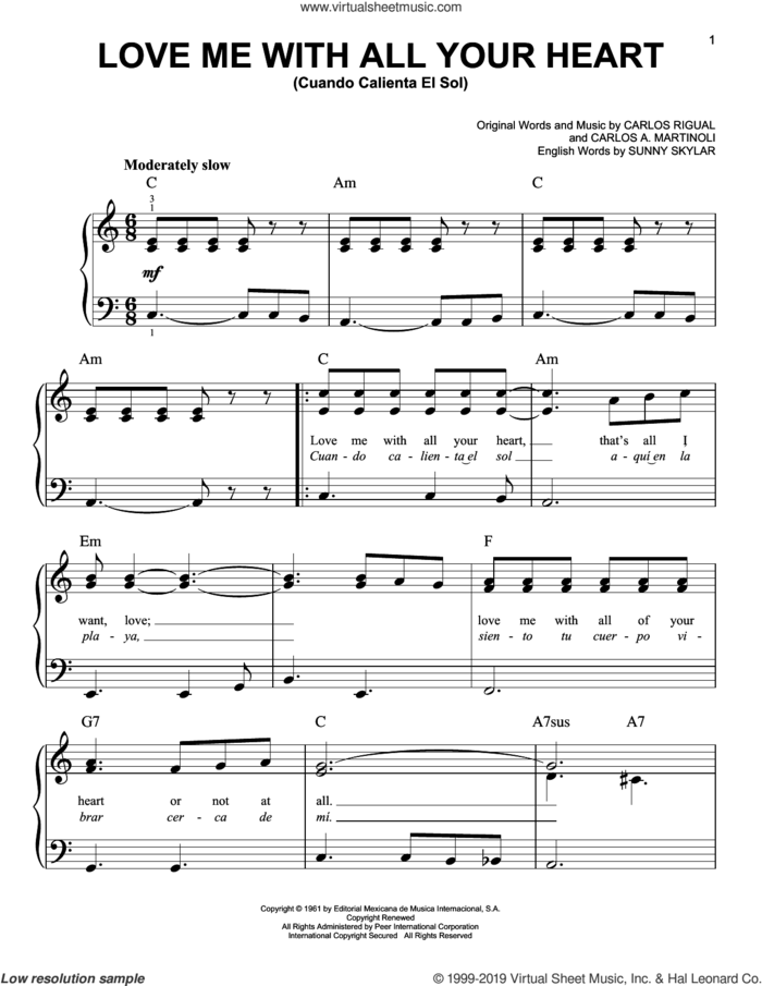 Love Me With All Your Heart (Cuando Calienta El Sol) sheet music for piano solo by The Ray Charles Singers, Carlos A. Martinoli, Carlos Rigual and Sunny Skylar, beginner skill level
