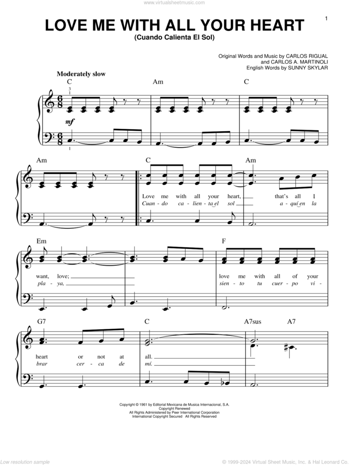 Love Me With All Your Heart (Cuando Calienta El Sol) sheet music for piano solo by The Ray Charles Singers, Carlos A. Martinoli, Carlos Rigual and Sunny Skylar, beginner skill level