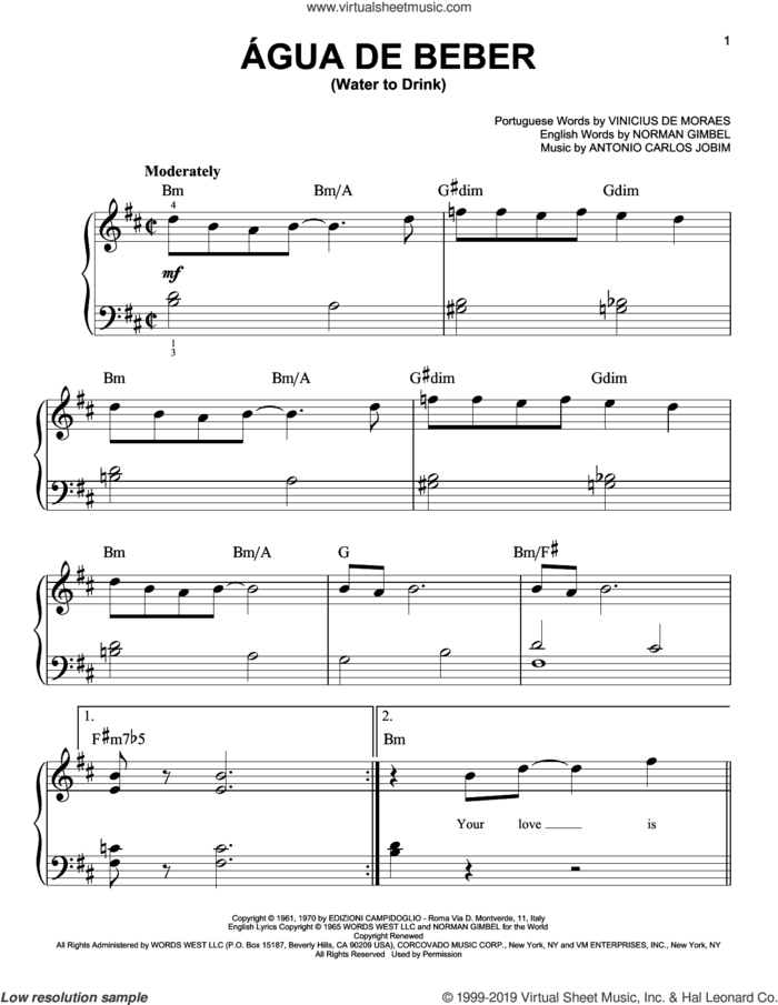 Agua De Beber (Water To Drink), (beginner) sheet music for piano solo by Antonio Carlos Jobim, Norman Gimbel and Vinicius de Moraes, beginner skill level
