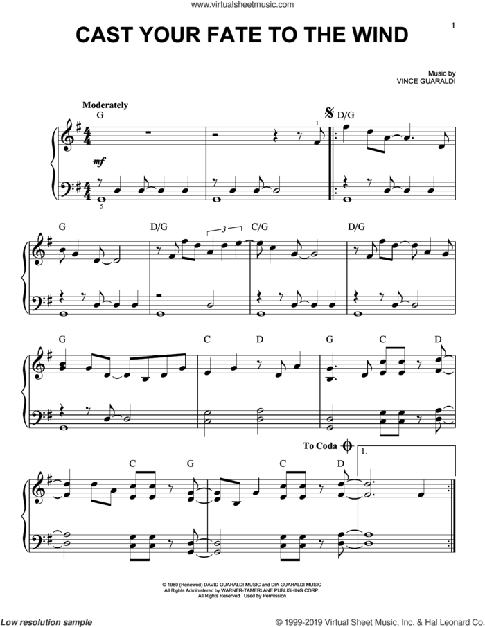 Cast Your Fate To The Wind, (beginner) sheet music for piano solo by Vince Guaraldi, beginner skill level