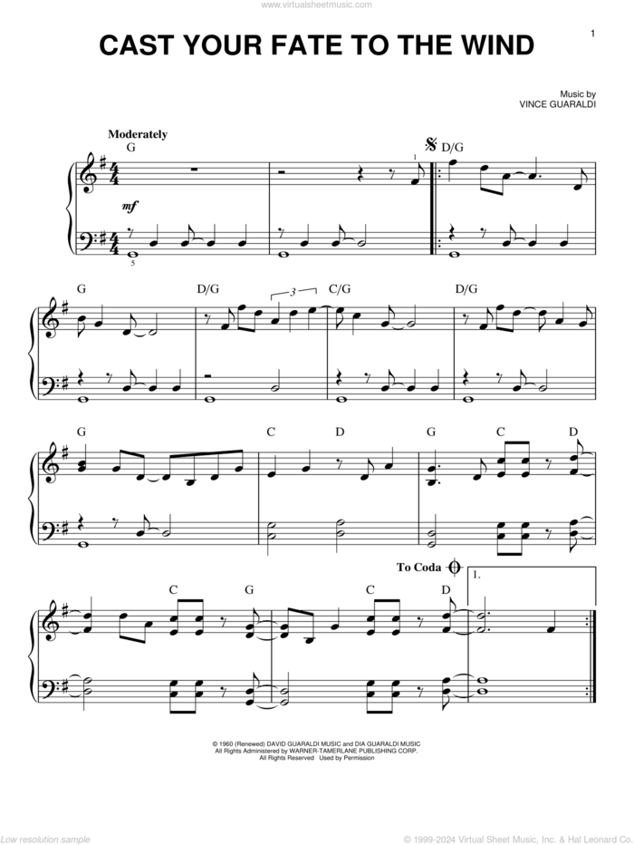 Cast Your Fate To The Wind, (beginner) sheet music for piano solo by Vince Guaraldi, beginner skill level