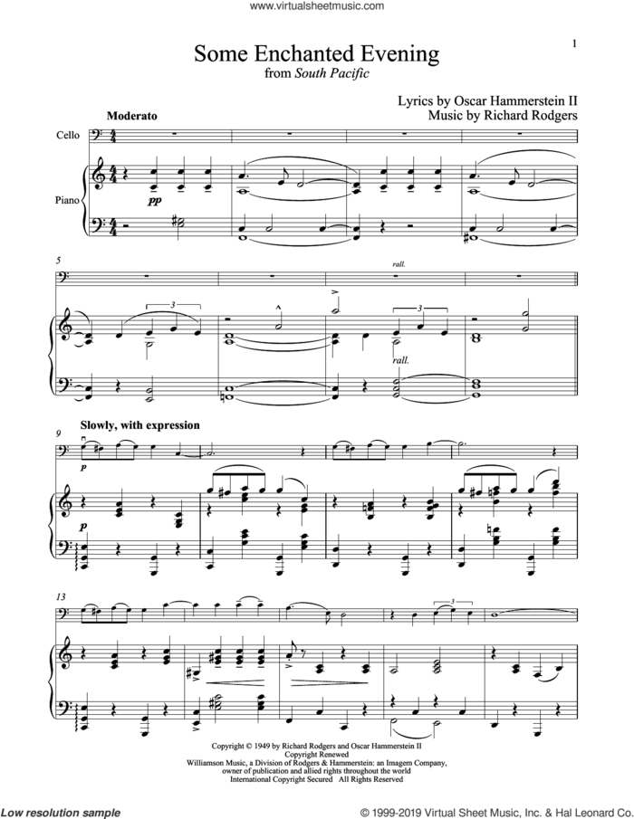 Some Enchanted Evening (from South Pacific) sheet music for cello and piano by Richard Rodgers and Oscar II Hammerstein, intermediate skill level