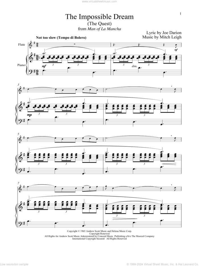 The Impossible Dream (The Quest) (from Man Of La Mancha) sheet music for flute and piano by Mitch Leigh and Joe Darion, intermediate skill level