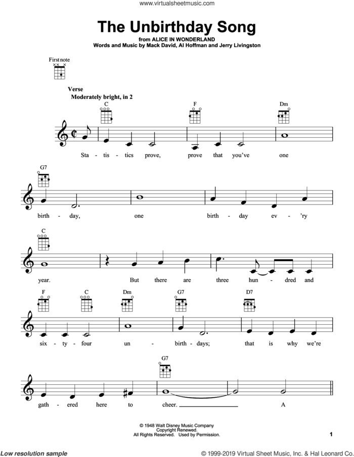 The Unbirthday Song (from Alice In Wonderland) sheet music for ukulele by Mack David, Al Hoffman and Jerry Livingston, Al Hoffman, Jerry Livingston and Mack David, intermediate skill level