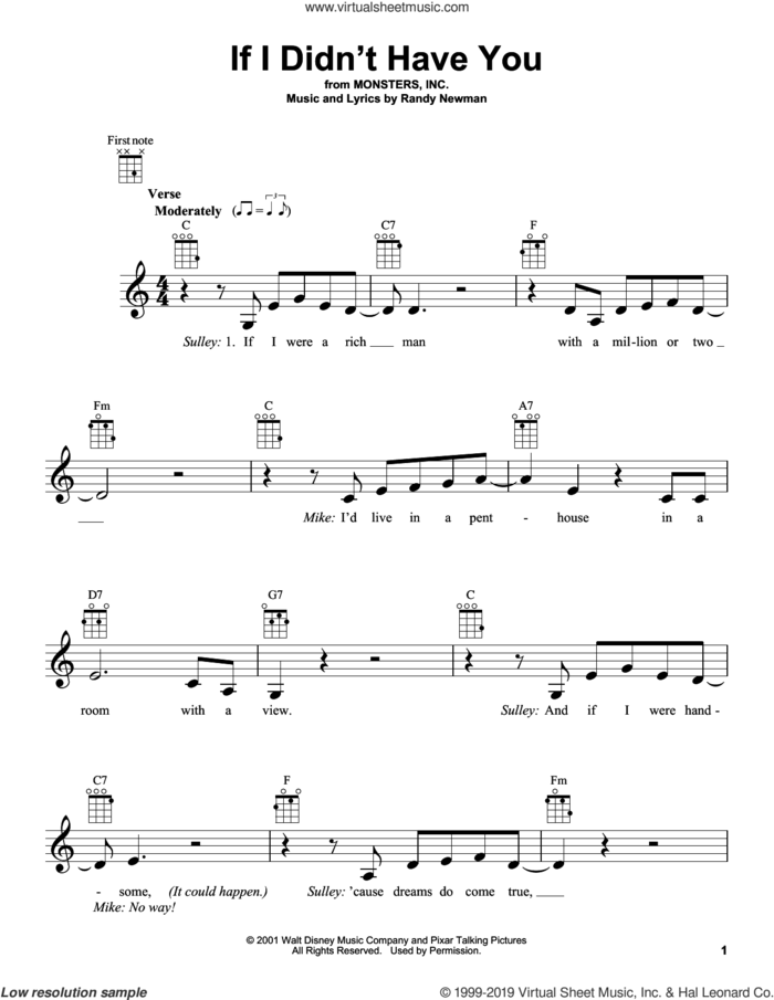 If I Didn't Have You (from Monsters, Inc.) sheet music for ukulele by Billy Crystal and John Goodman and Randy Newman, intermediate skill level