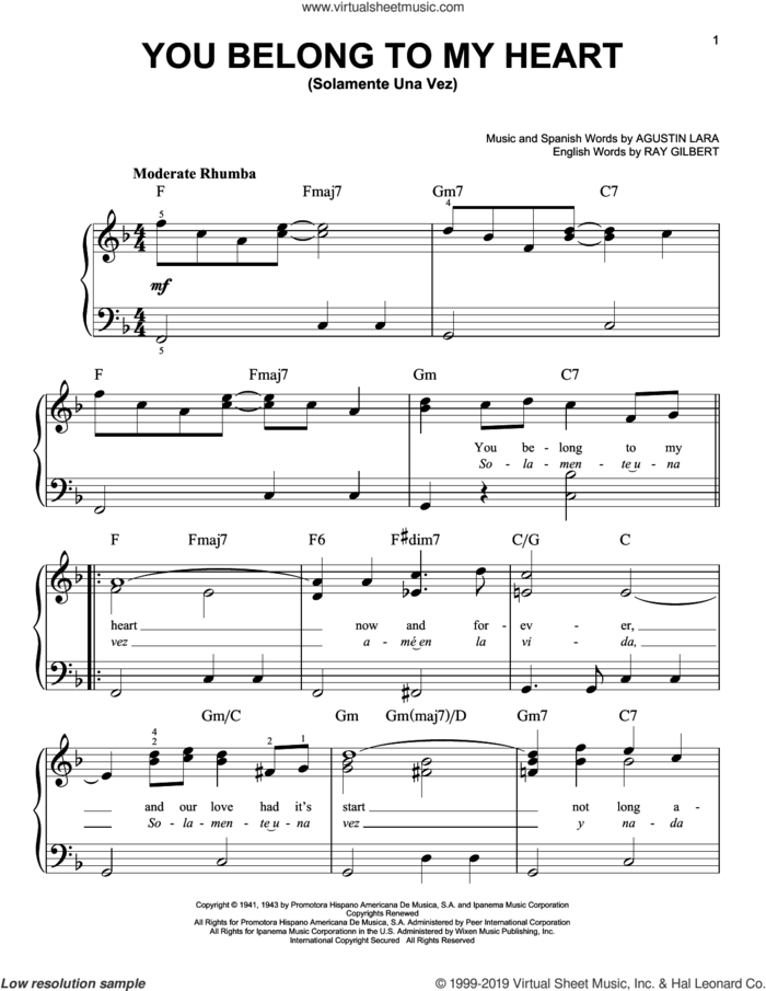 You Belong To My Heart (Solamente Una Vez) sheet music for piano solo by Ray Gilbert and Agustin Lara, beginner skill level