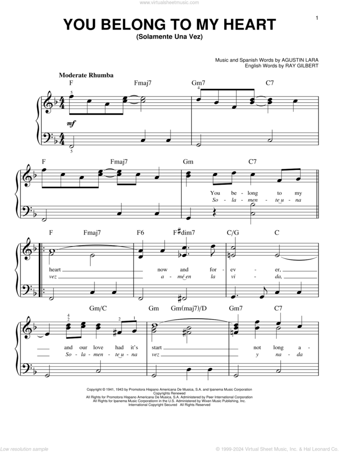 You Belong To My Heart (Solamente Una Vez) sheet music for piano solo by Ray Gilbert and Agustin Lara, beginner skill level