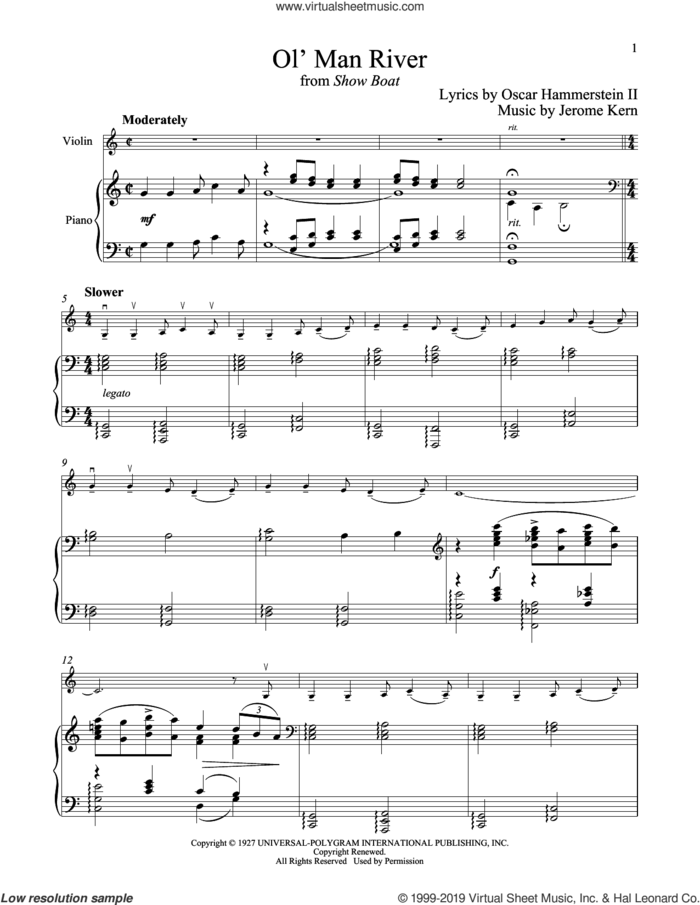 Ol' Man River (from Show Boat) sheet music for violin and piano by Jerome Kern and Oscar II Hammerstein, intermediate skill level