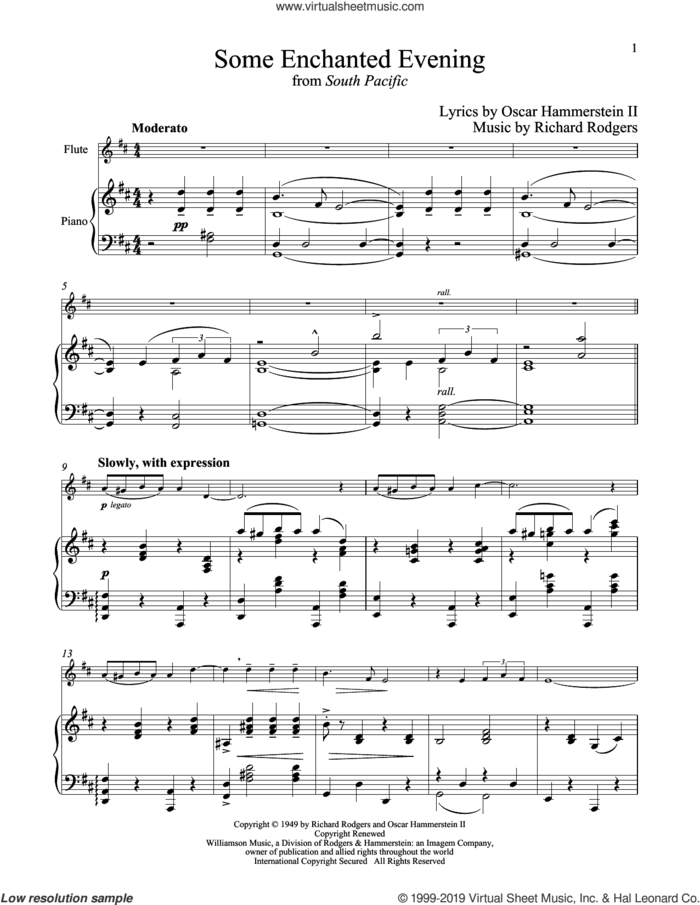 Some Enchanted Evening (from South Pacific) sheet music for flute and piano by Richard Rodgers and Oscar II Hammerstein, intermediate skill level