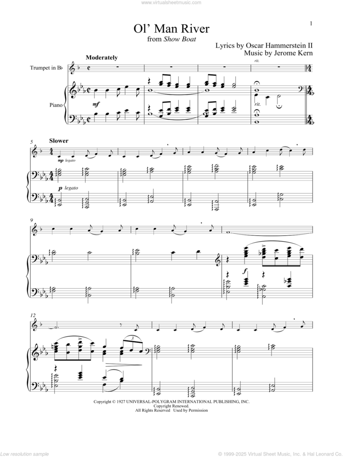 Ol' Man River (from Show Boat) sheet music for trumpet and piano by Jerome Kern and Oscar II Hammerstein, intermediate skill level