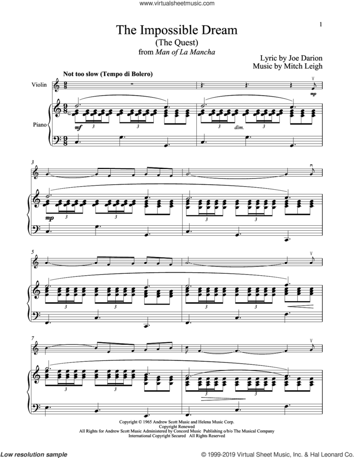 The Impossible Dream (The Quest) (from Man Of La Mancha) sheet music for violin and piano by Mitch Leigh and Joe Darion, intermediate skill level
