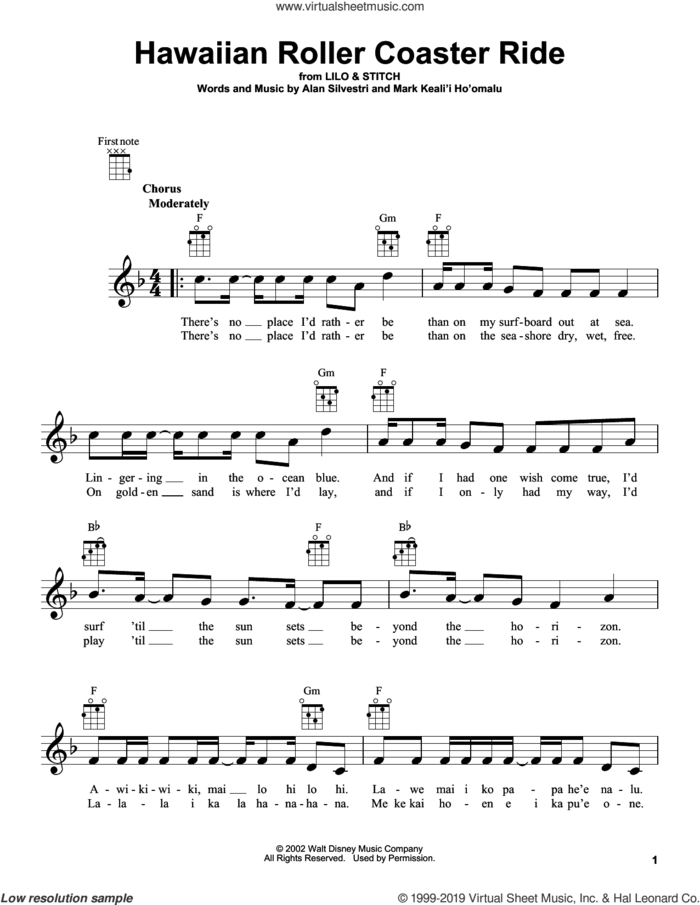 Hawaiian Roller Coaster Ride (from Lilo and Stitch) sheet music for ukulele by Alan Silvestri, intermediate skill level