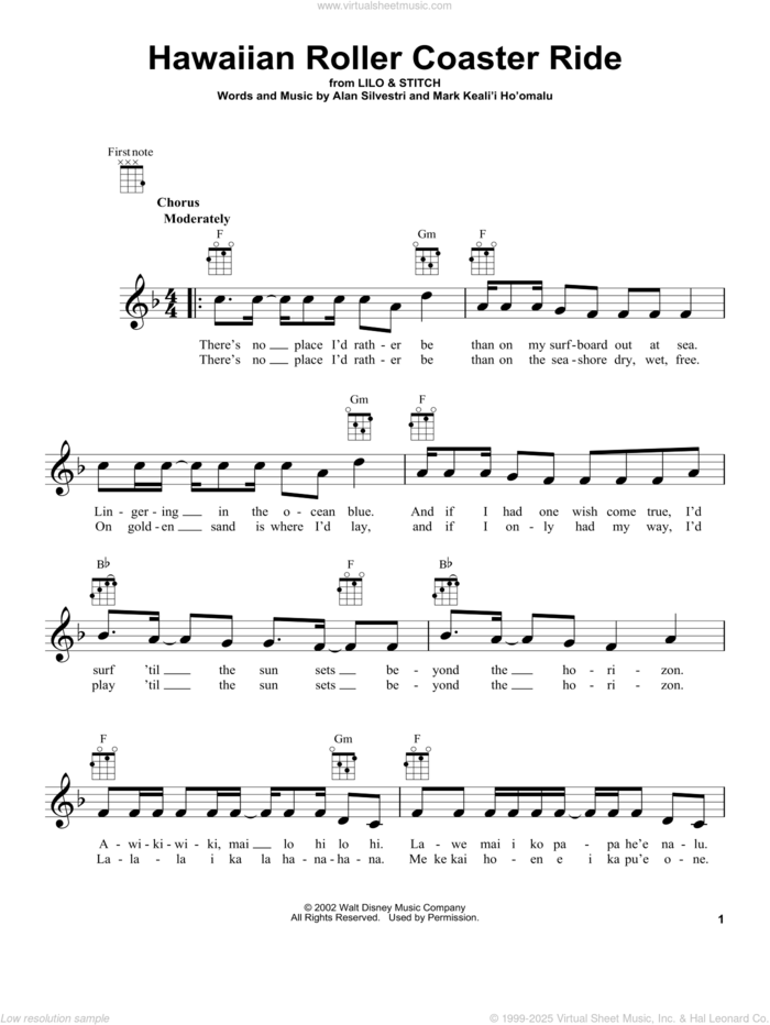 Hawaiian Roller Coaster Ride (from Lilo and Stitch) sheet music for ukulele by Alan Silvestri, intermediate skill level