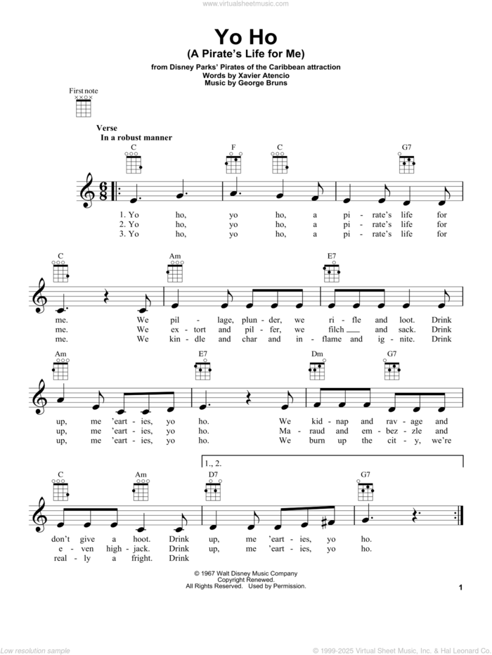 Yo Ho (A Pirate's Life For Me) sheet music for ukulele by Xavier Atencio and George Bruns, intermediate skill level