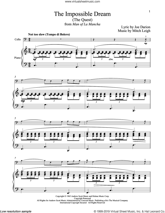 The Impossible Dream (The Quest) (from Man Of La Mancha) sheet music for cello and piano by Mitch Leigh and Joe Darion, intermediate skill level