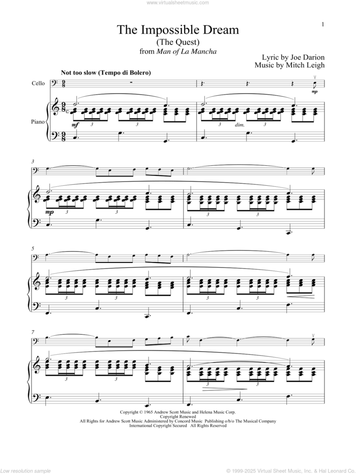 The Impossible Dream (The Quest) (from Man Of La Mancha) sheet music for cello and piano by Mitch Leigh and Joe Darion, intermediate skill level