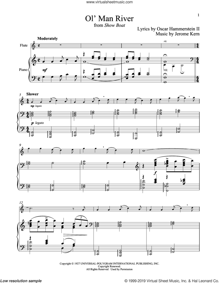 Ol' Man River (from Show Boat) sheet music for flute and piano by Jerome Kern and Oscar II Hammerstein, intermediate skill level