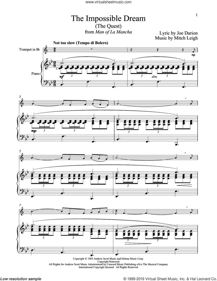 The Impossible Dream (The Quest) (from Man Of La Mancha) sheet music for trumpet and piano by Mitch Leigh and Joe Darion, intermediate skill level