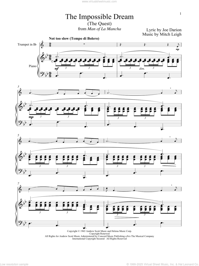 The Impossible Dream (The Quest) (from Man Of La Mancha) sheet music for trumpet and piano by Mitch Leigh and Joe Darion, intermediate skill level