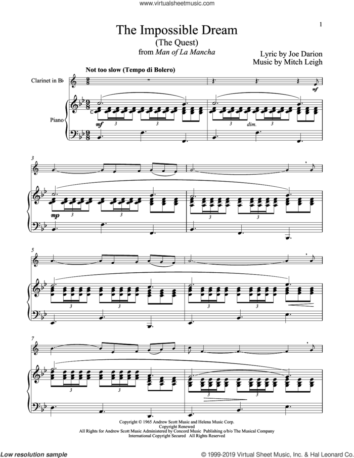 The Impossible Dream (The Quest) (from Man Of La Mancha) sheet music for clarinet and piano by Mitch Leigh and Joe Darion, intermediate skill level