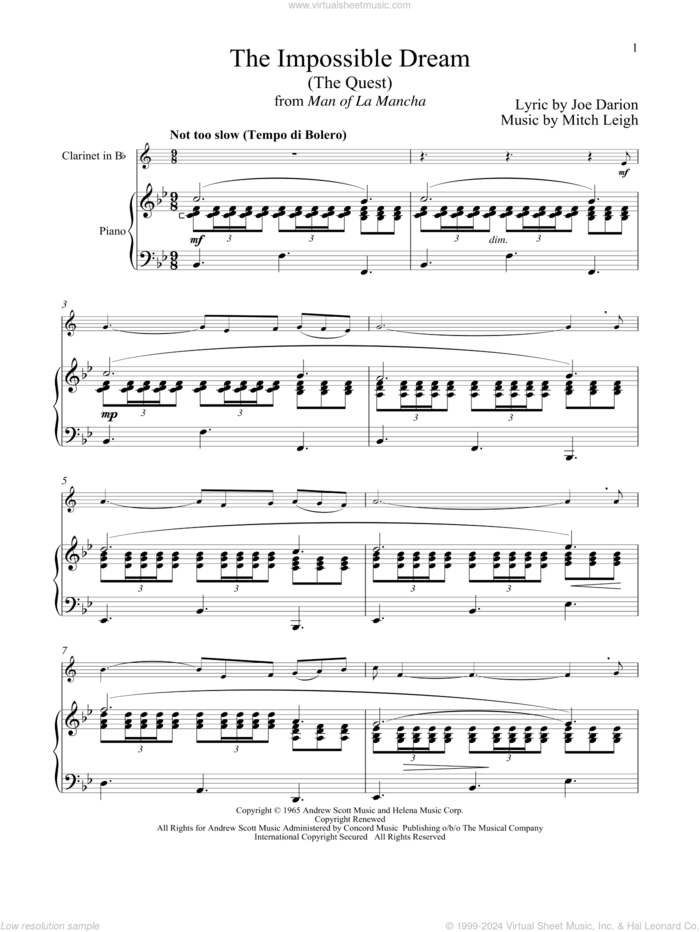 The Impossible Dream (The Quest) (from Man Of La Mancha) sheet music for clarinet and piano by Mitch Leigh and Joe Darion, intermediate skill level