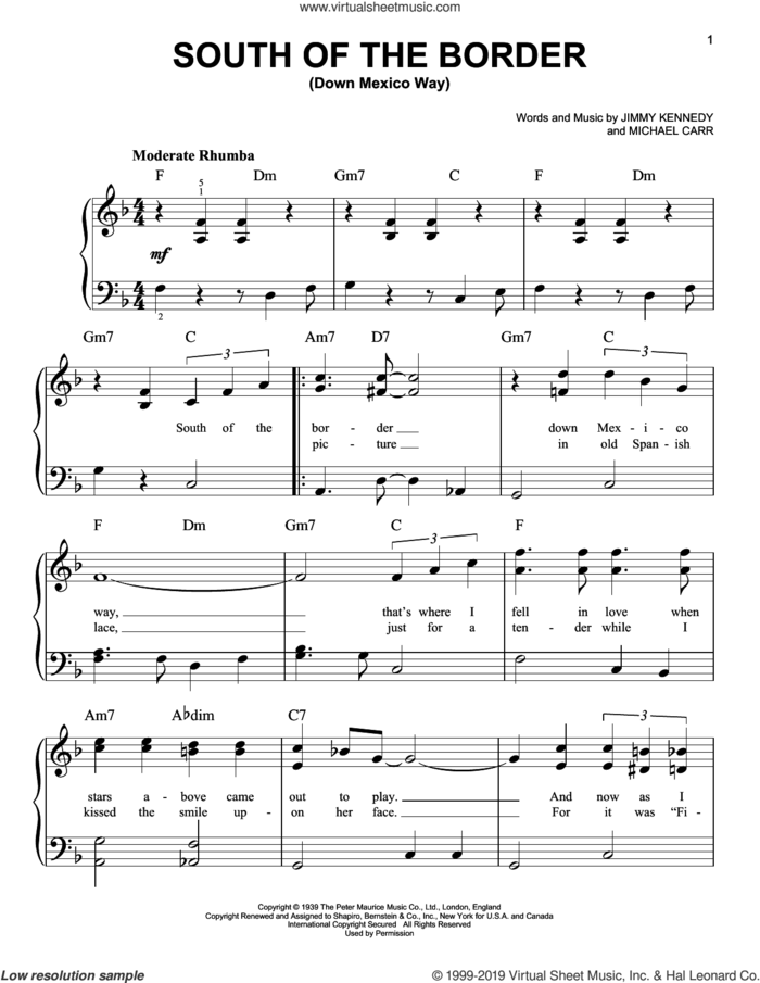 South Of The Border (Down Mexico Way) sheet music for piano solo by Patsy Cline, Jimmy Kennedy and Michael Carr, beginner skill level