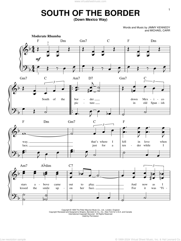 South Of The Border (Down Mexico Way) sheet music for piano solo by Patsy Cline, Jimmy Kennedy and Michael Carr, beginner skill level