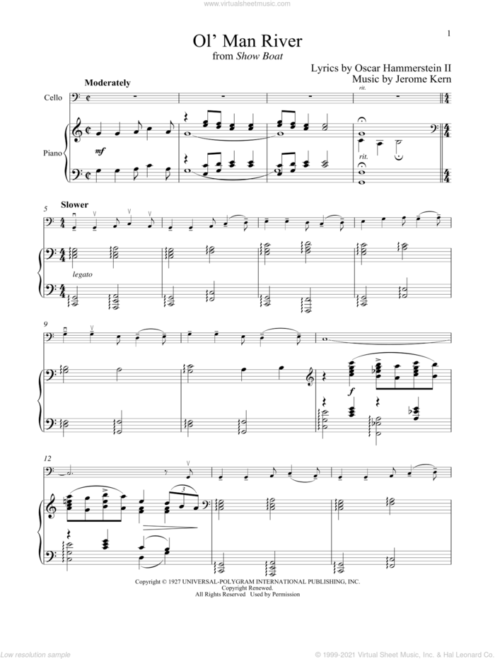 Ol' Man River (from Show Boat) sheet music for cello and piano by Jerome Kern and Oscar II Hammerstein, intermediate skill level