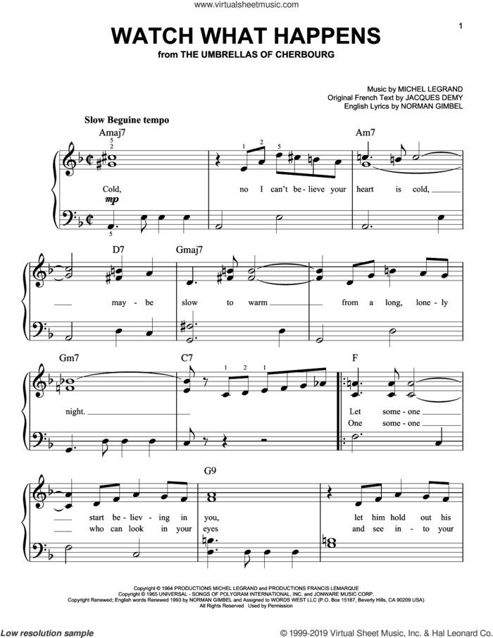 Watch What Happens, (beginner) sheet music for piano solo by Michel LeGrand and Norman Gimbel, beginner skill level