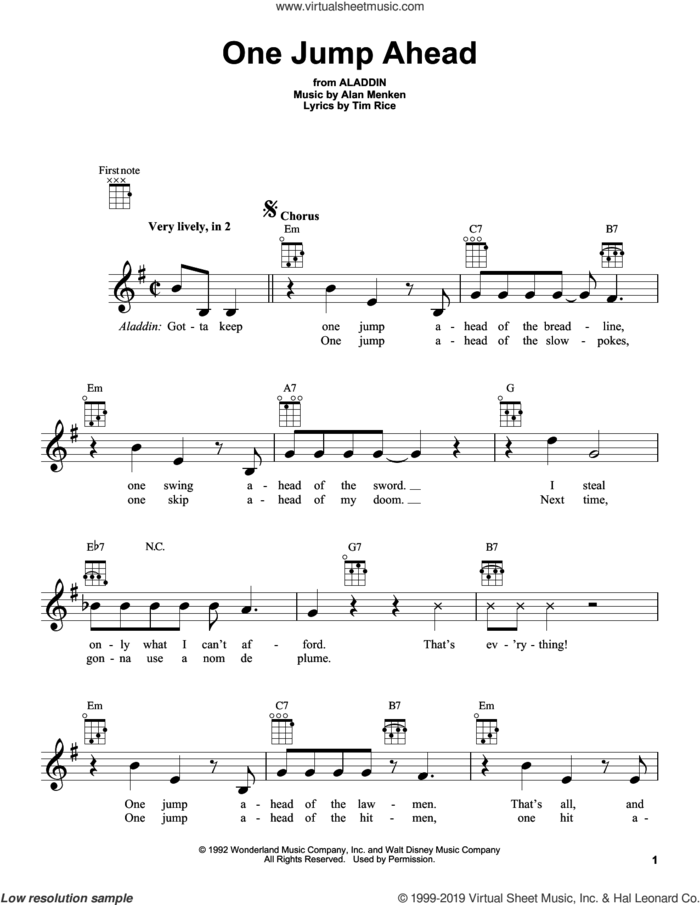 One Jump Ahead (from Aladdin) sheet music for ukulele by Alan Menken and Tim Rice, intermediate skill level