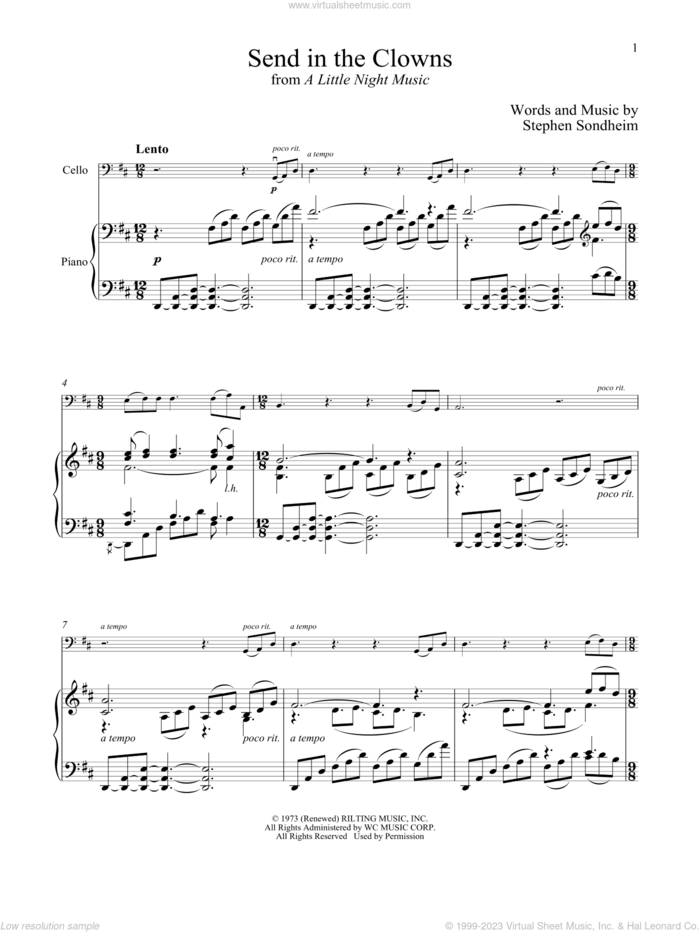 Send In The Clowns (from A Little Night Music) sheet music for cello and piano by Stephen Sondheim, intermediate skill level