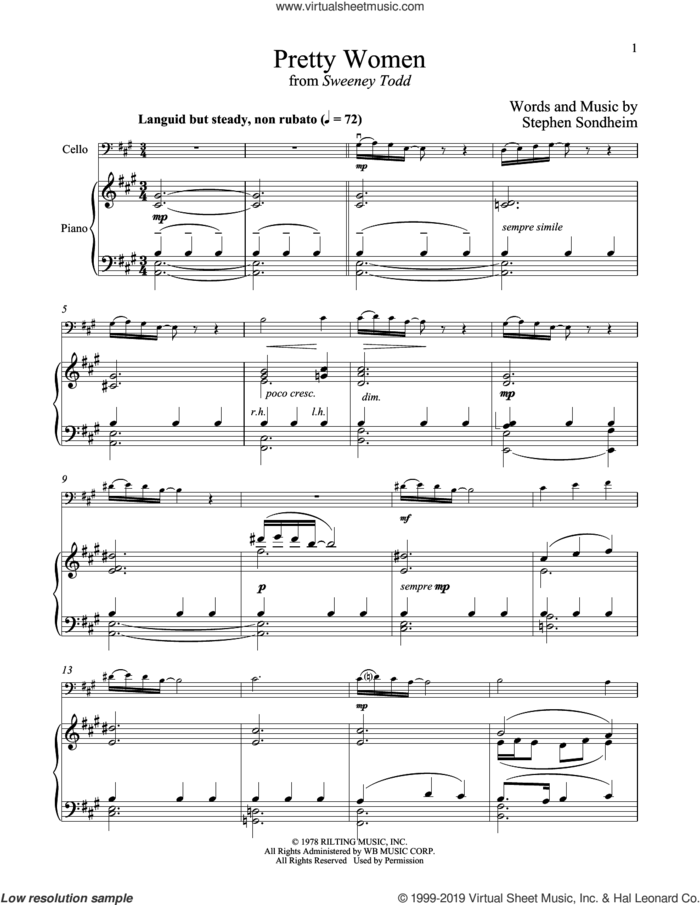 Pretty Women (from Sweeney Todd) sheet music for cello and piano by Stephen Sondheim, intermediate skill level