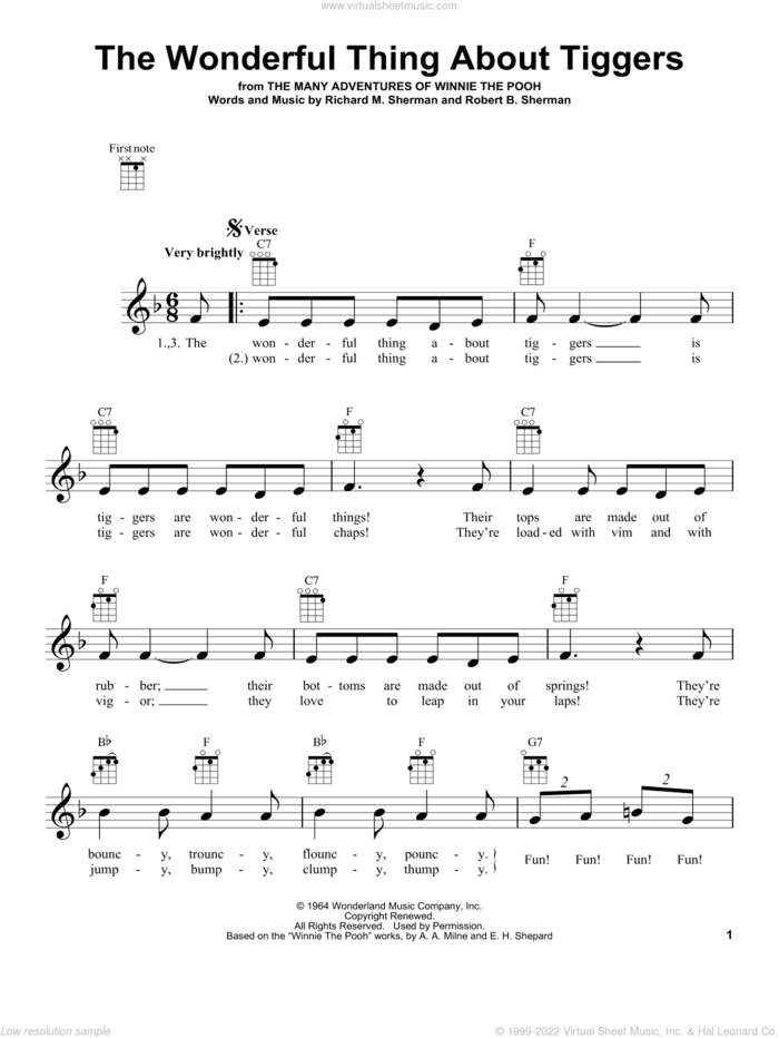 The Wonderful Thing About Tiggers (from The Many Adventures Of Winnie The Pooh) sheet music for ukulele by Sherman Brothers, Richard M. Sherman and Robert B. Sherman, intermediate skill level