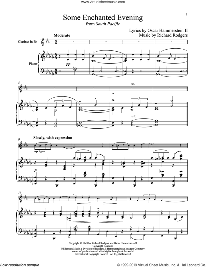 Some Enchanted Evening (from South Pacific) sheet music for clarinet and piano by Richard Rodgers and Oscar II Hammerstein, intermediate skill level