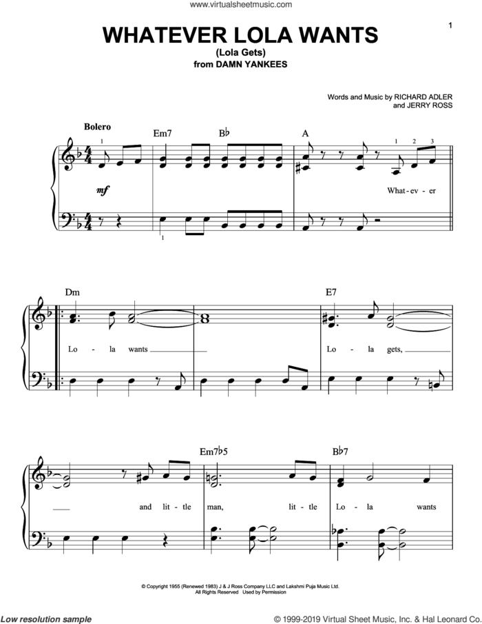 Whatever Lola Wants (Lola Gets) sheet music for piano solo by Richard Adler and Jerry Ross, beginner skill level