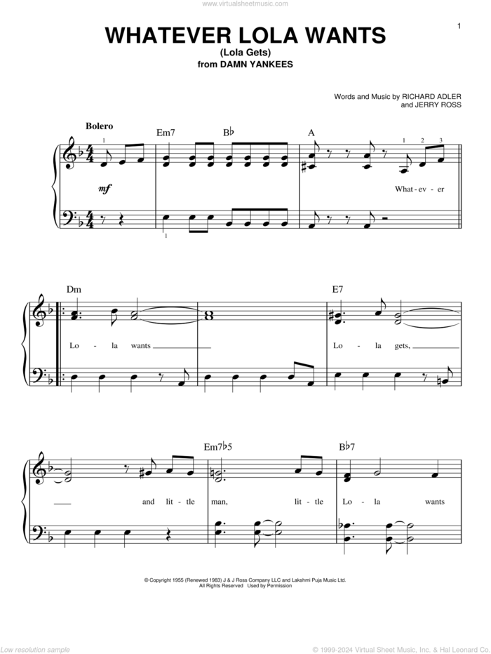 Whatever Lola Wants (Lola Gets) sheet music for piano solo by Richard Adler and Jerry Ross, beginner skill level