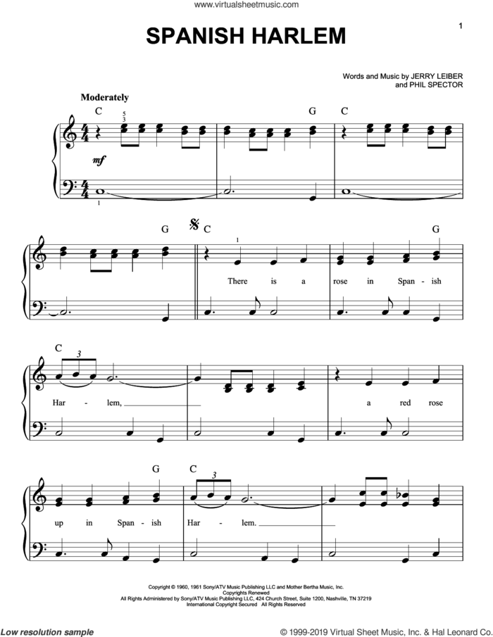 Spanish Harlem sheet music for piano solo by Ben E. King, Jerry Leiber and Phil Spector, beginner skill level
