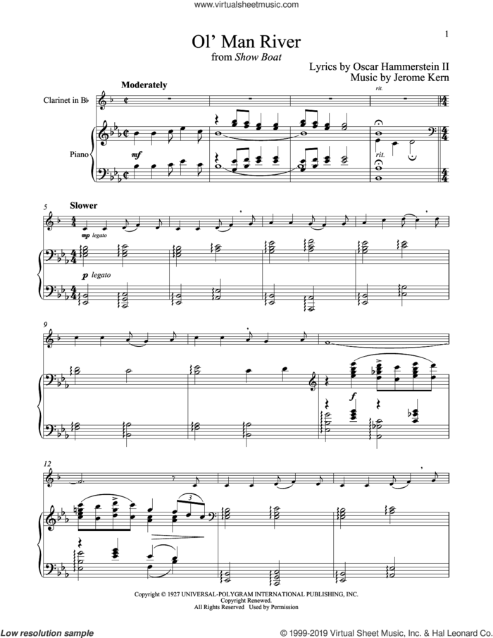 Ol' Man River (from Show Boat) sheet music for clarinet and piano by Jerome Kern and Oscar II Hammerstein, intermediate skill level