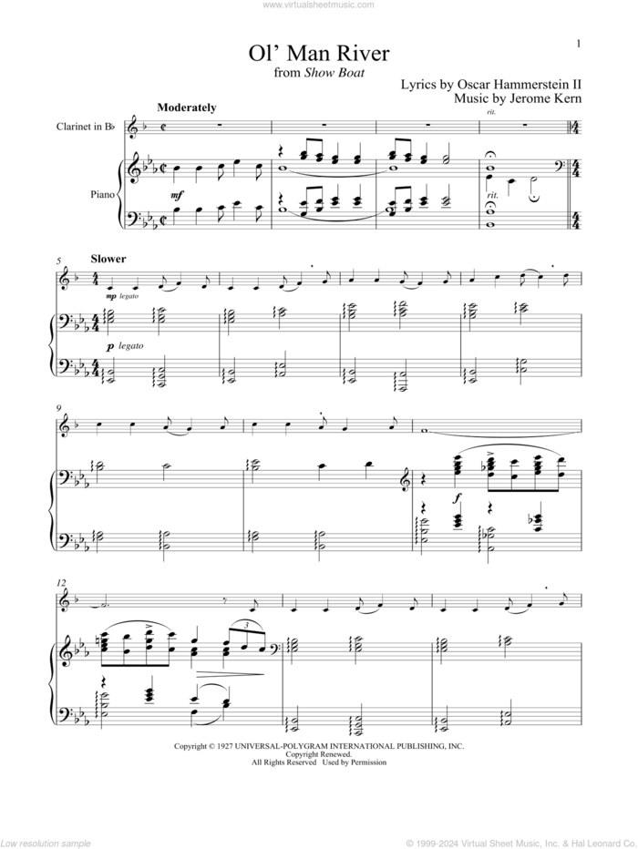 Ol' Man River (from Show Boat) sheet music for clarinet and piano by Jerome Kern and Oscar II Hammerstein, intermediate skill level