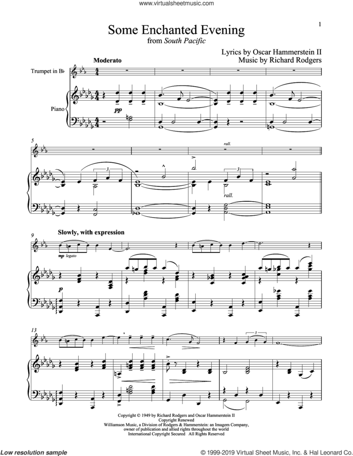 Some Enchanted Evening (from South Pacific) sheet music for trumpet and piano by Richard Rodgers and Oscar II Hammerstein, intermediate skill level