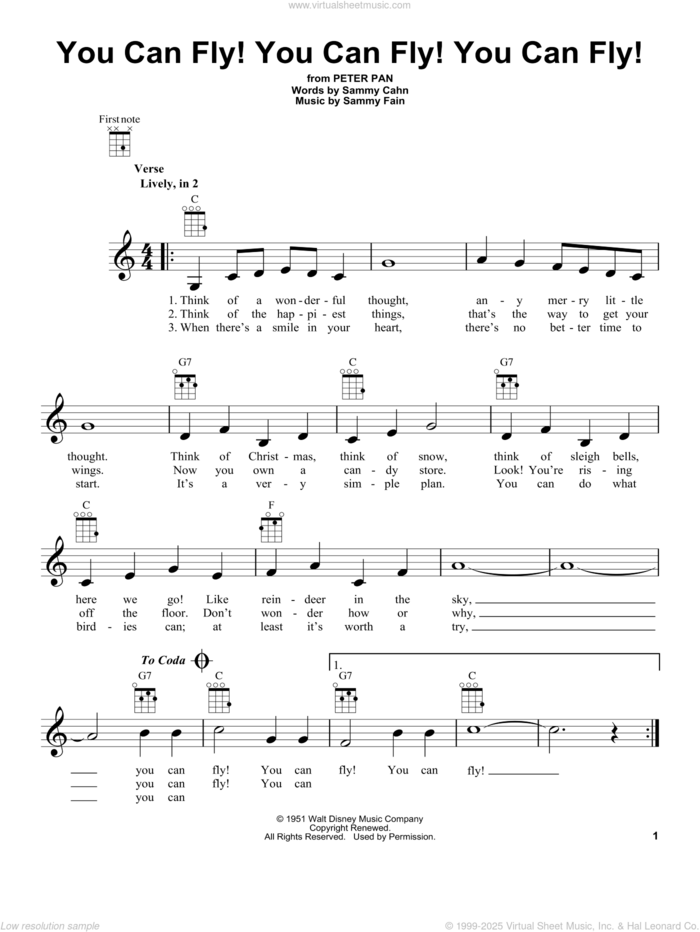 You Can Fly! You Can Fly! You Can Fly! (from Peter Pan) sheet music for ukulele by Sammy Cahn and Sammy Fain, intermediate skill level