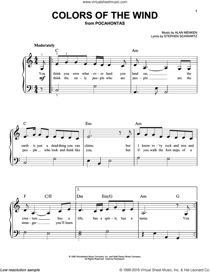 Colors Of The Wind (from Pocahontas), (beginner) sheet music for piano solo by Vanessa Williams, Alan Menken and Stephen Schwartz, beginner skill level