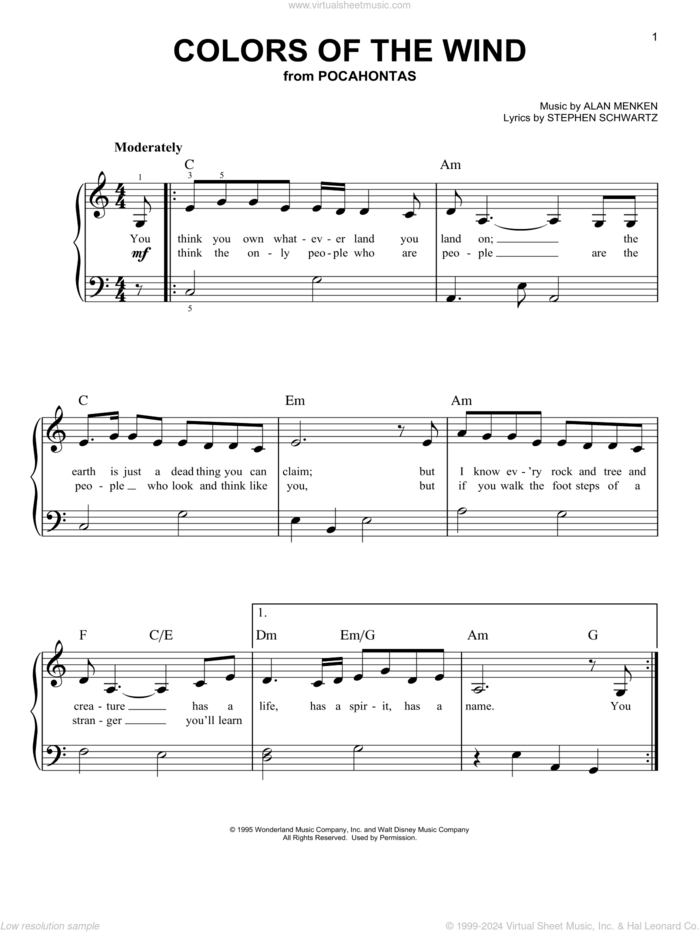 Colors Of The Wind (from Pocahontas), (beginner) sheet music for piano solo by Vanessa Williams, Alan Menken and Stephen Schwartz, beginner skill level