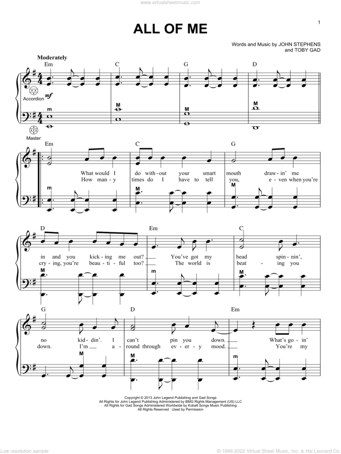 All Of Me sheet music for accordion by John Legend, Gary Meisner, John Stephens and Toby Gad, intermediate skill level